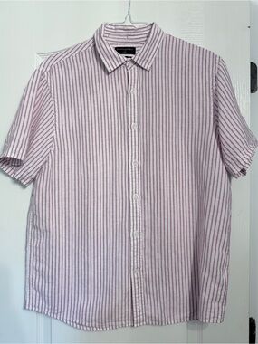 Banana Republic Mens Linen Cotton Button Up -Pink Stripes Large Excellent Beach